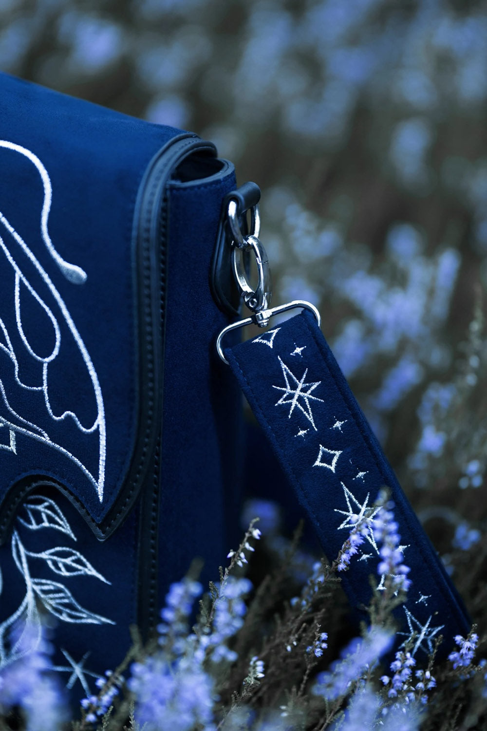 dark blue velvet fairycore luna moth purse with embroidered star shoulder strap