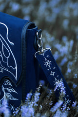 dark blue velvet fairycore luna moth purse with embroidered star shoulder strap