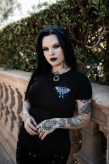 gothic moon moth graphic tee by VampireFreaks featuring mystical wing inspired artwork for goth punk emo and dark fantasy outfits