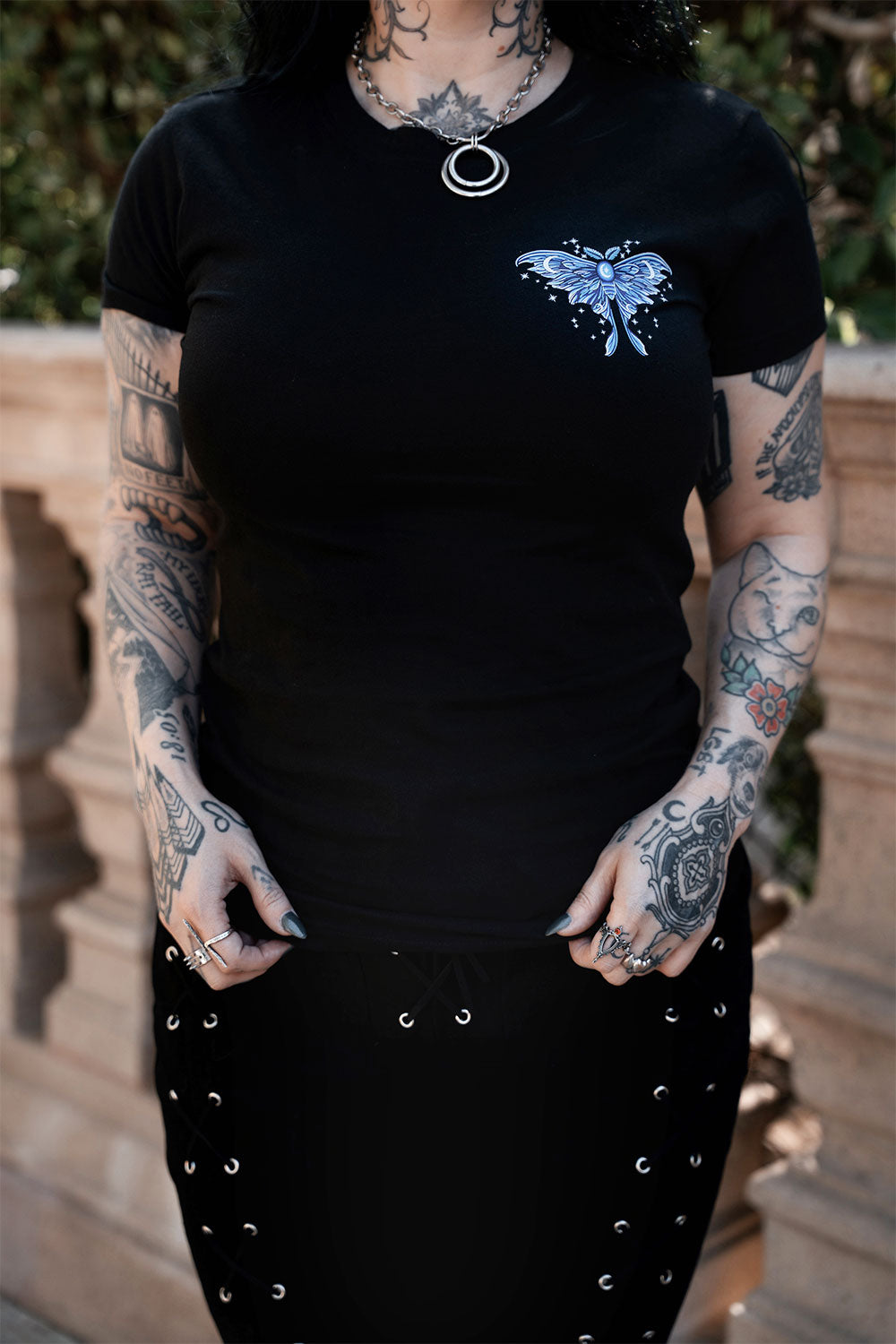 VampireFreaks Moon Moth Wings shirt for women with ethereal moth imagery and witchy alternative fashion aesthetic