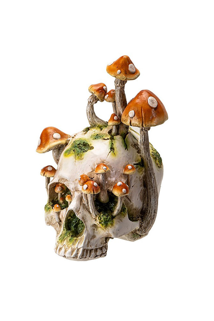 skull statue with moss and msuhrooms