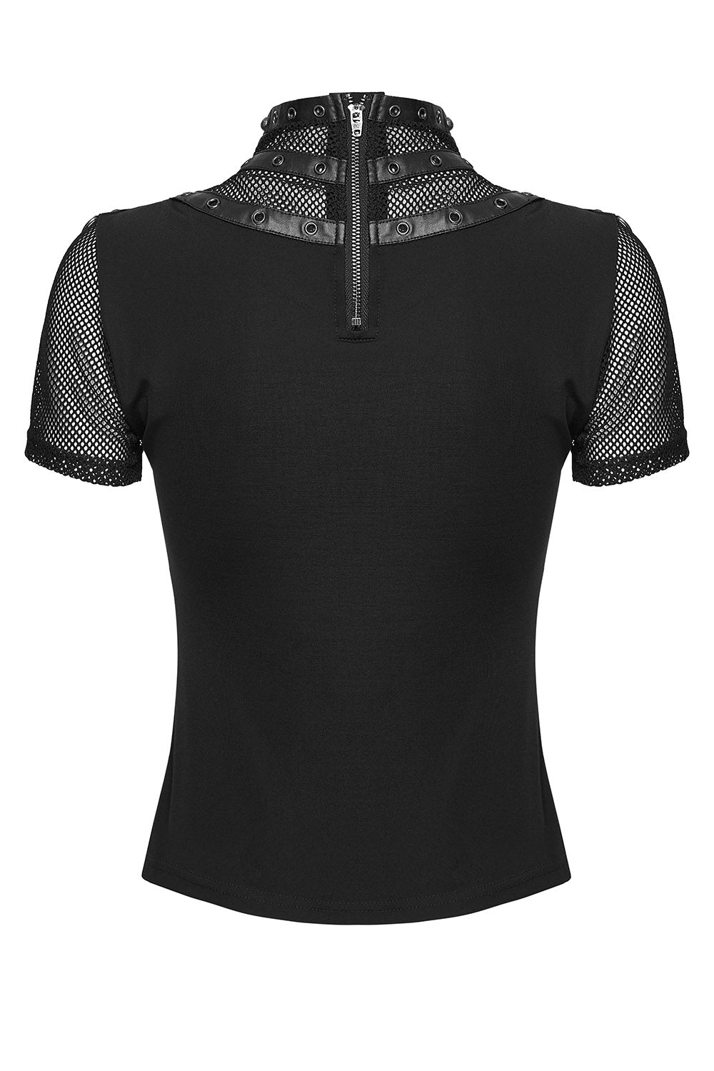 d-ring studded black short sleeve fishnet shirt for women