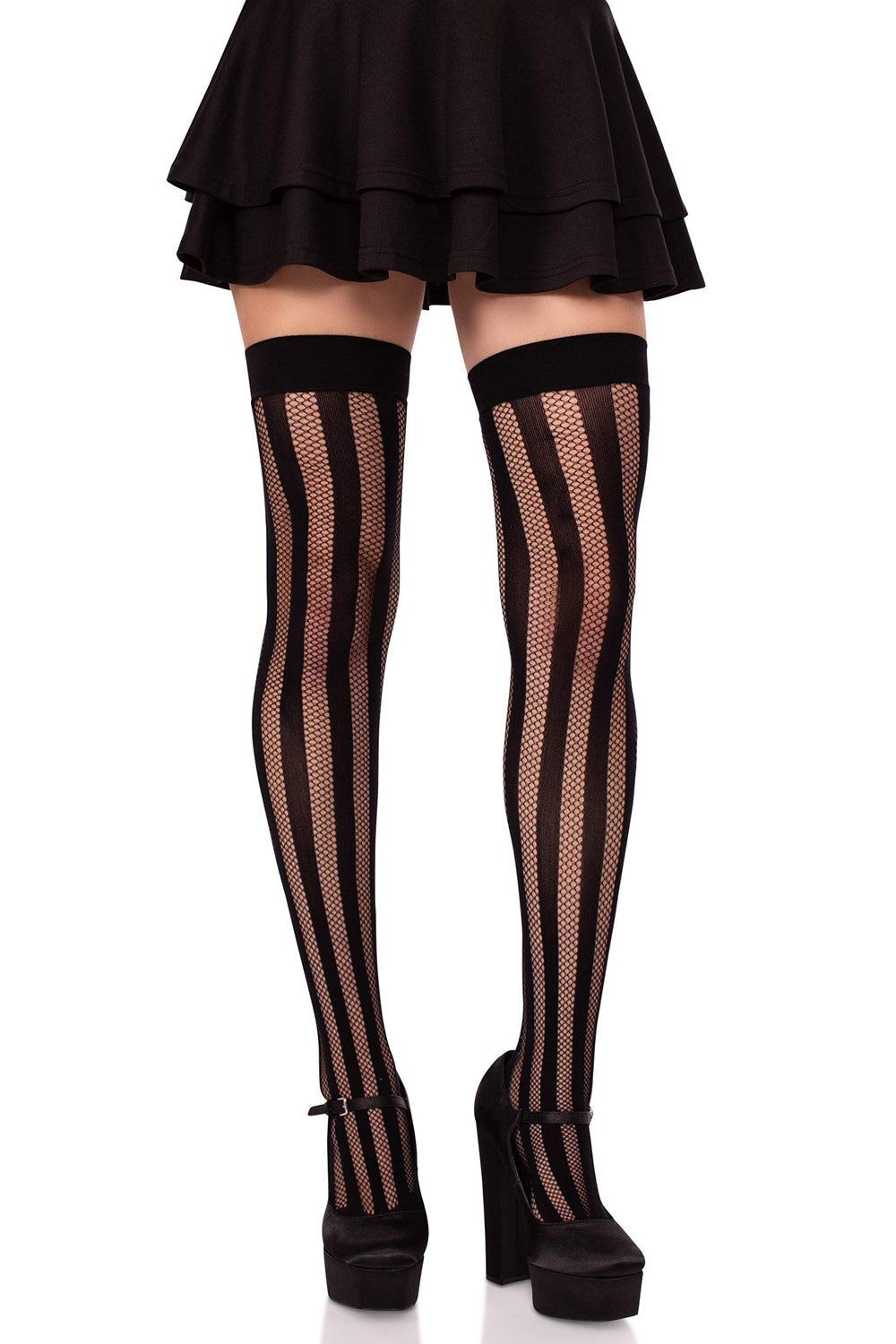 Black fishnet stockings with striped pattern worn by a person on a white background