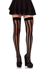 Black fishnet stockings with striped pattern worn by a person on a white background