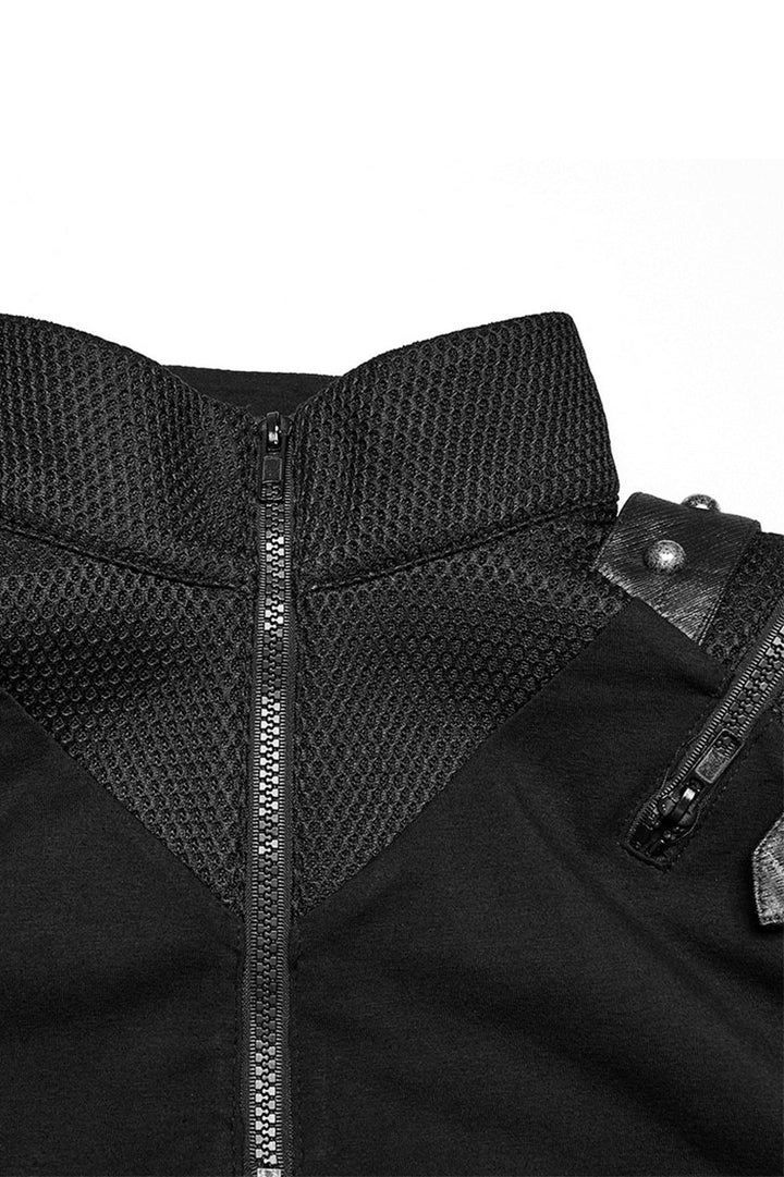 mens fishnet high collar punk top