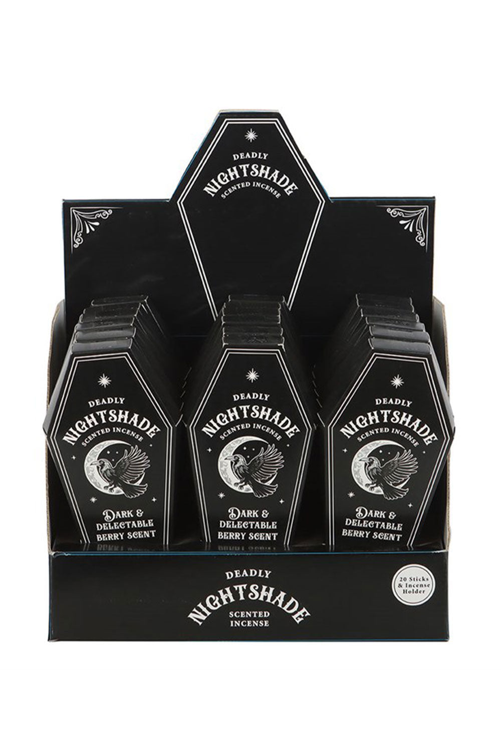 Gothic inspired nightshade incense sticks in coffin shaped boxes