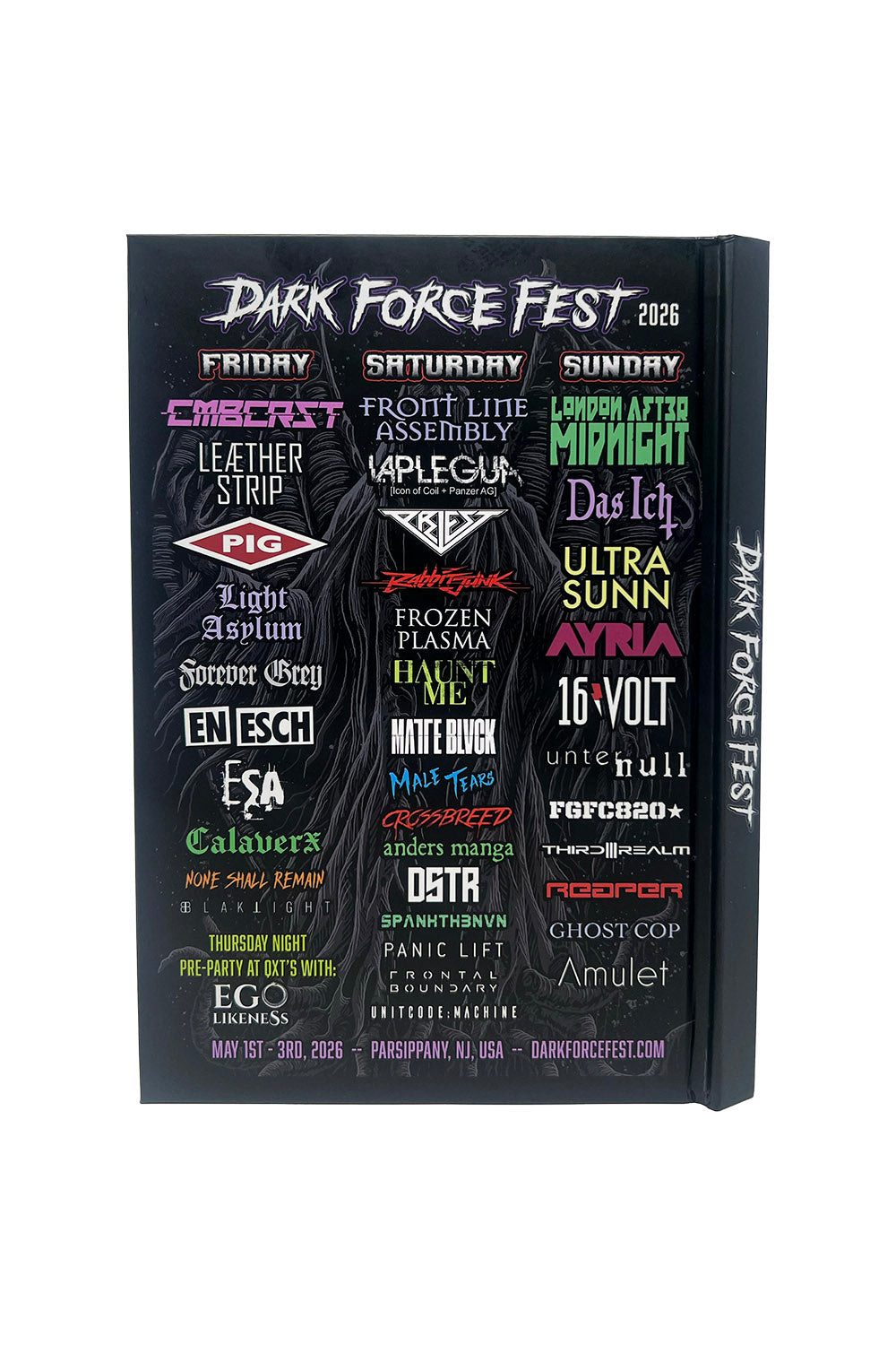 back of the dark force fest notebook with band lineup on the back
