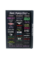 back of the dark force fest notebook with band lineup on the back