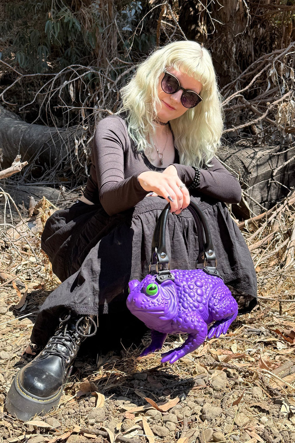 purple quirky whimsical toad bag 
