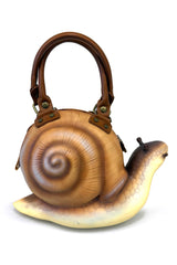 Snail-shaped handbag with a brown handle on a white background