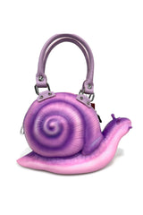 Purple snail-shaped handbag on a white background