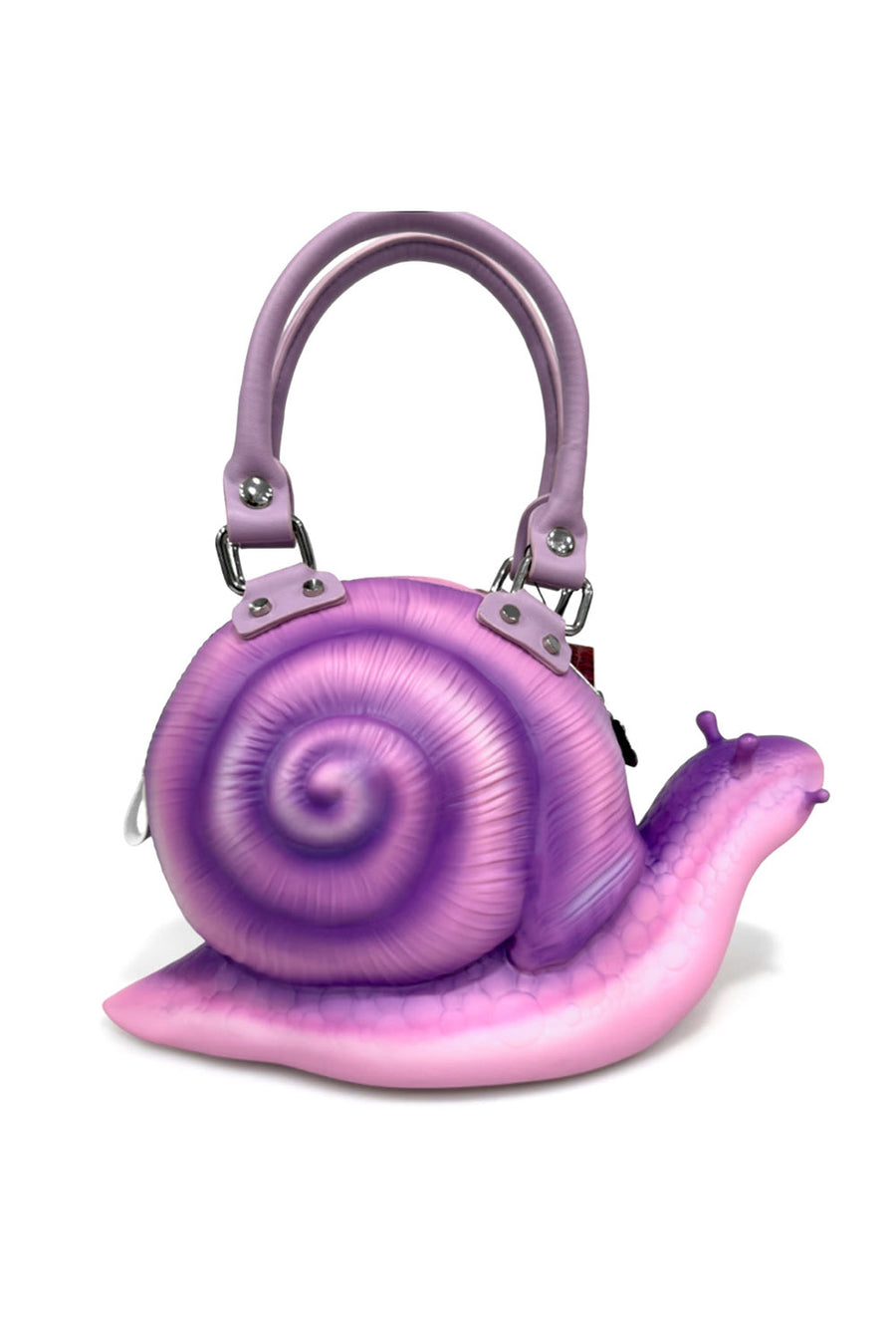 Purple snail-shaped handbag on a white background
