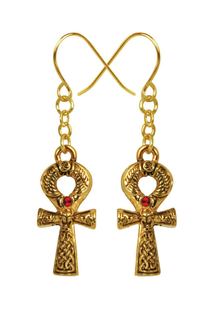 Gold ankh earrings with red stones on a white background