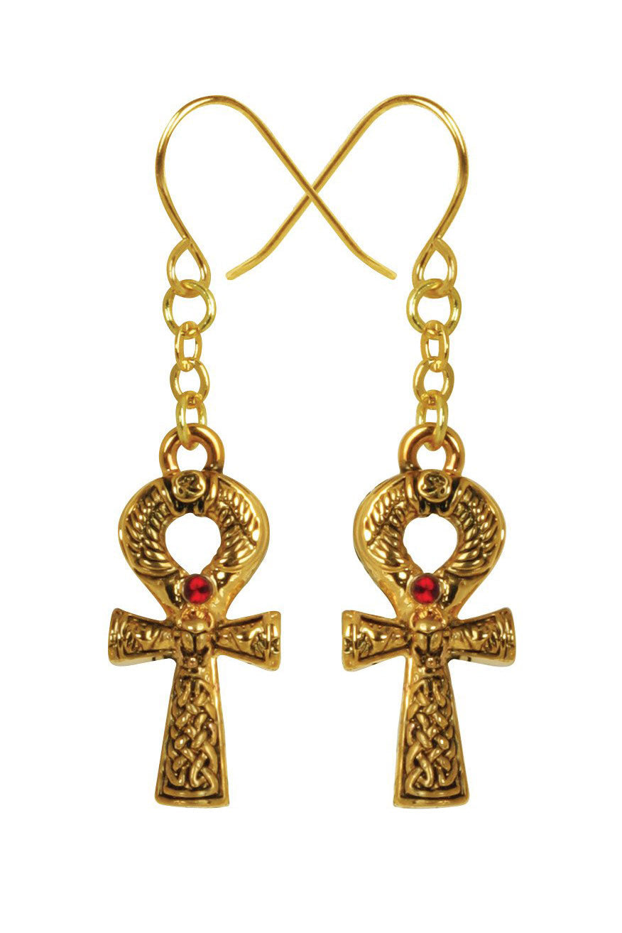 Gold ankh earrings with red stones on a white background