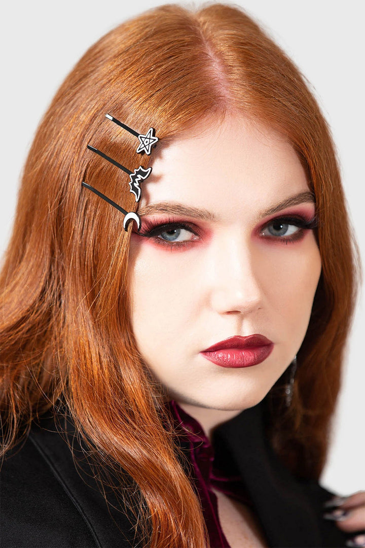 gothic bat star and crescent moon hair clip set