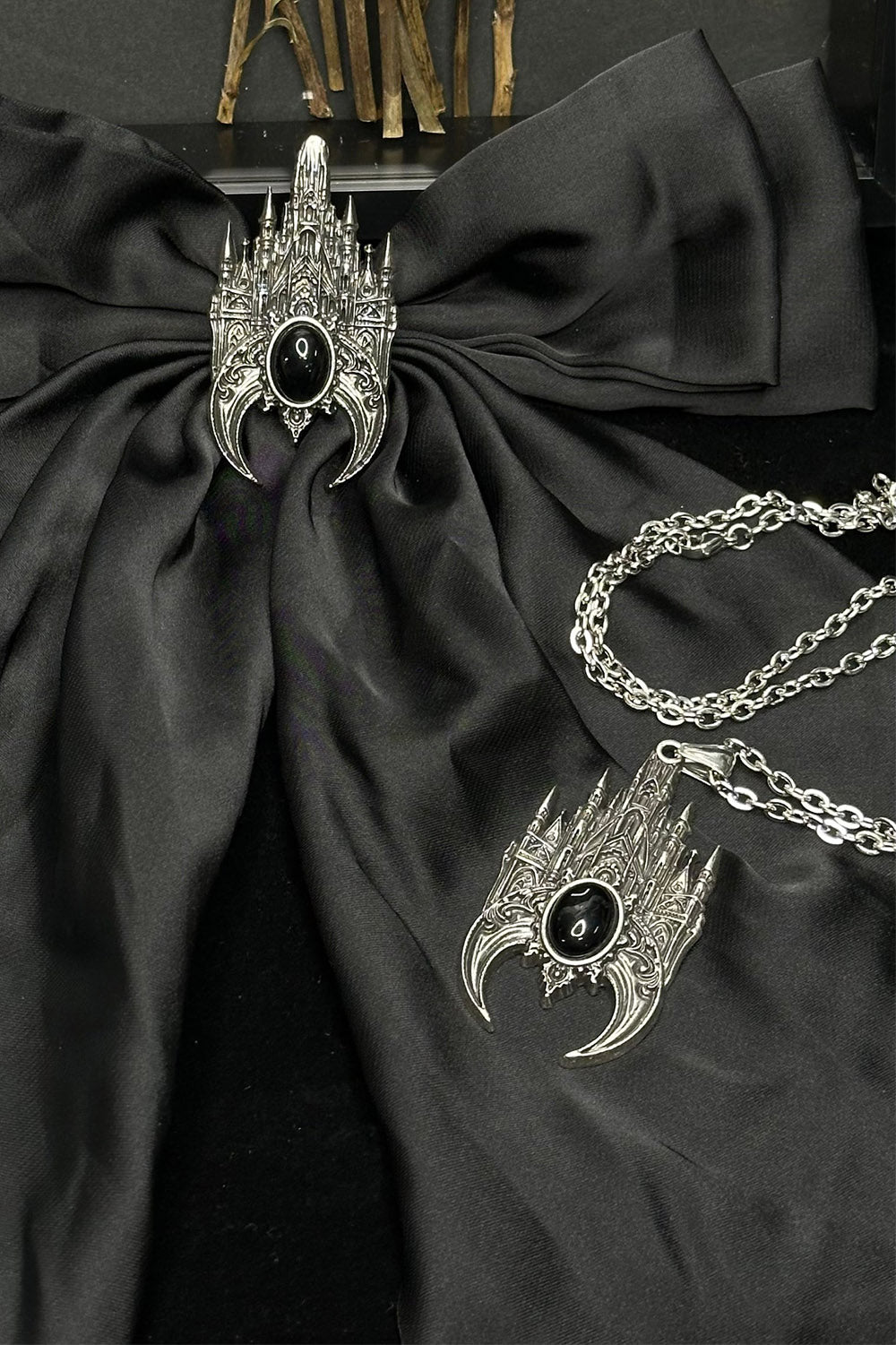 stainless steel and obsidian stone gothic cathedral church necklace 