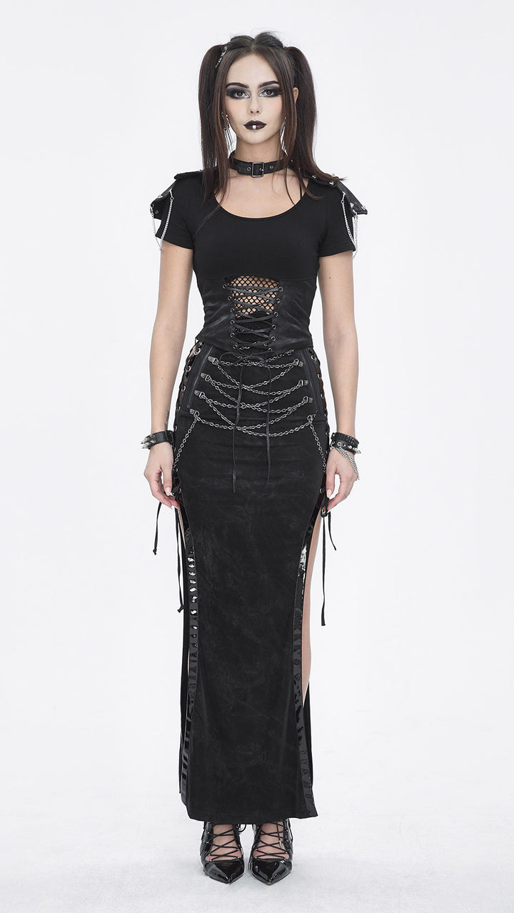 womens long gothic skirt with chains and belts
