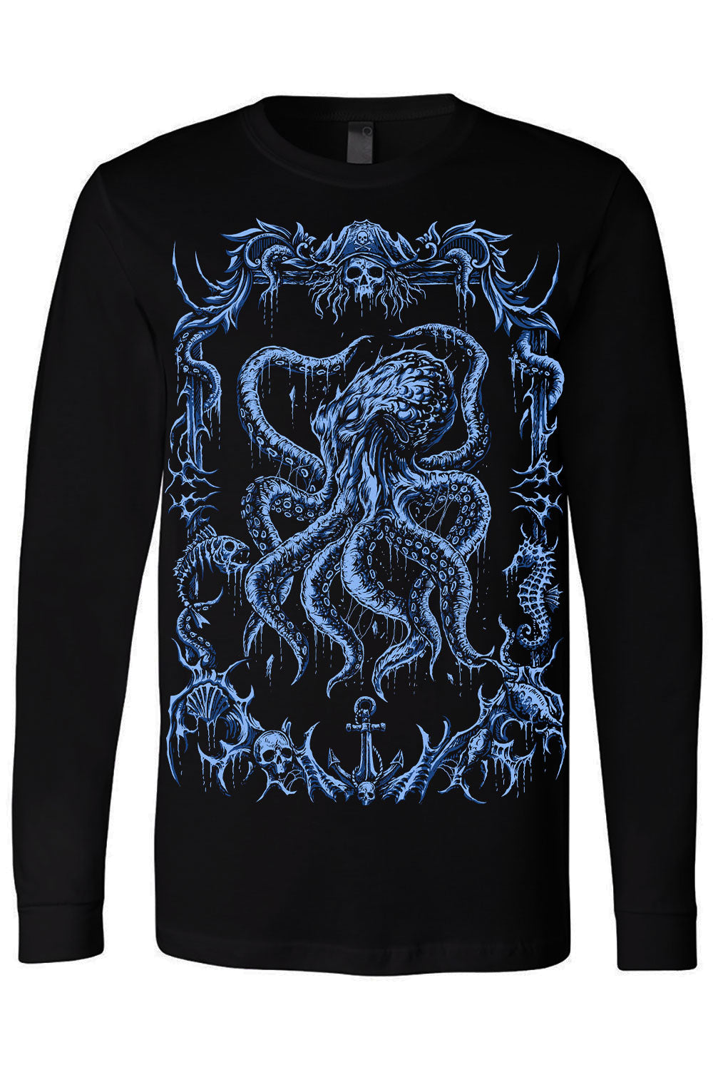 Black long-sleeve shirt with blue octopus design on a white background