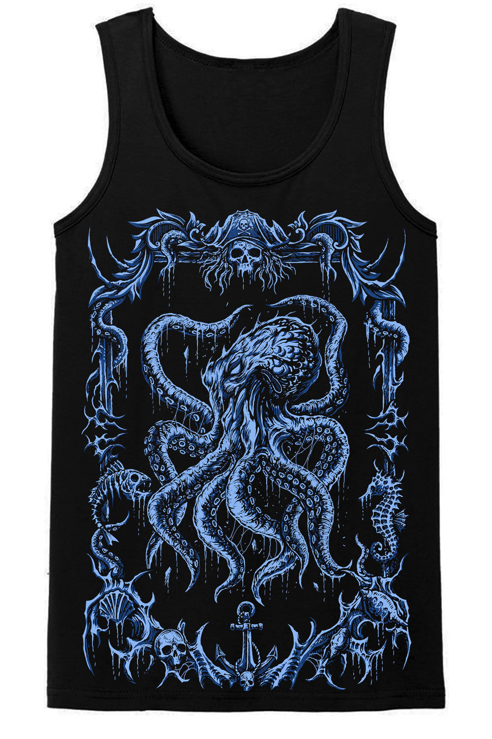 Black tank top with blue octopus design on a white background