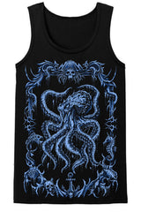 Black tank top with blue octopus design on a white background