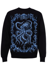 Black sweatshirt with blue octopus design on a white background