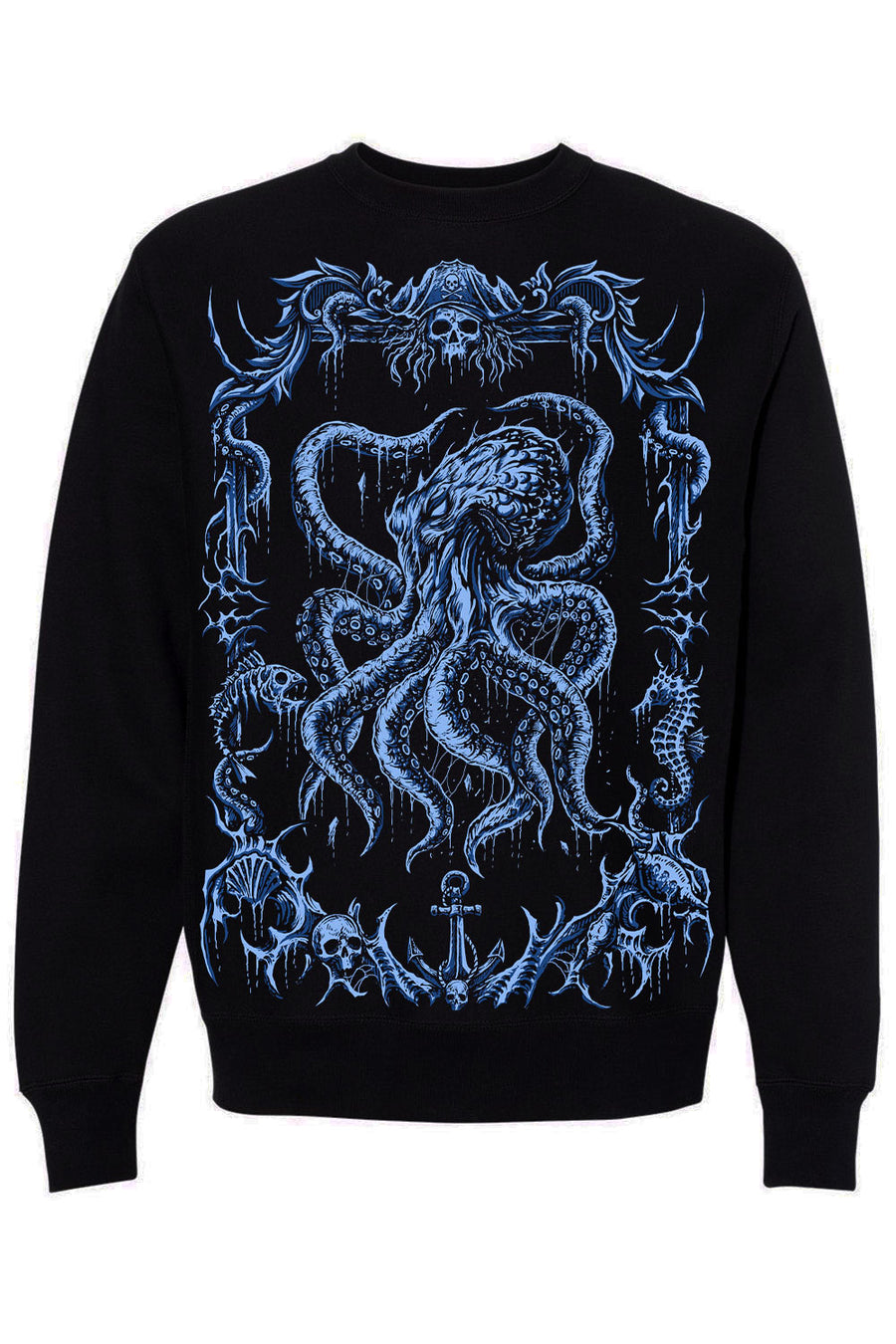 Black sweatshirt with blue octopus design on a white background