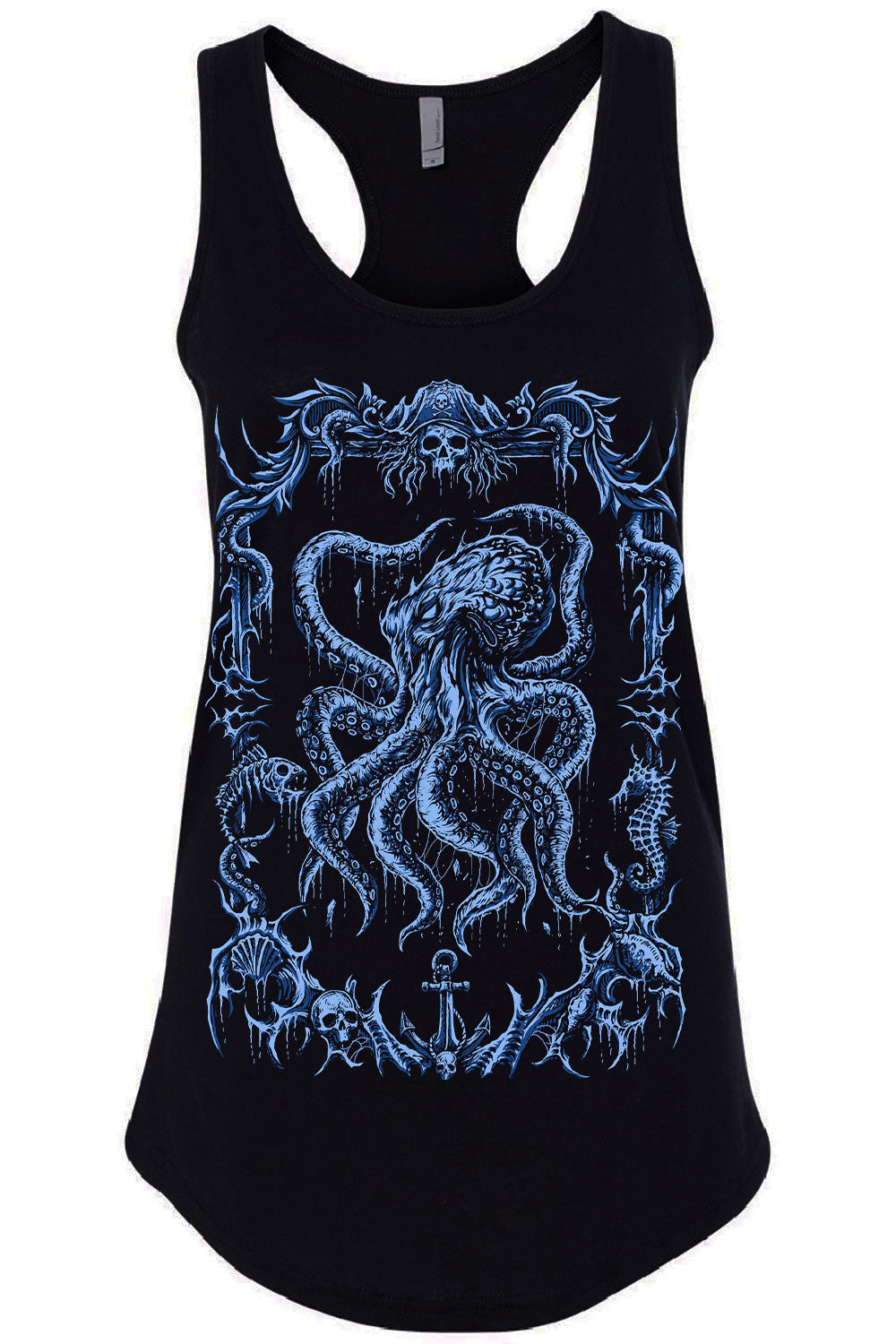 Black tank top with blue octopus design on a white background