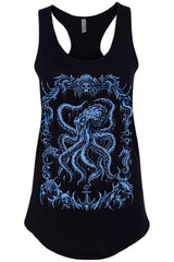 Black tank top with blue octopus design on a white background