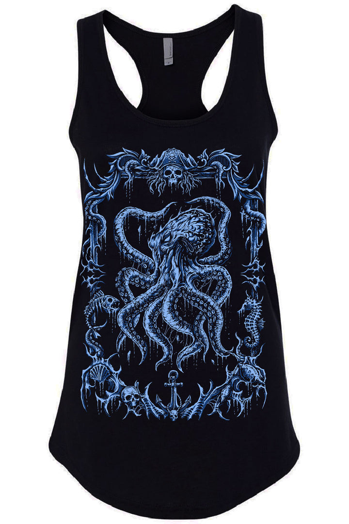 Black tank top with blue octopus design on a white background