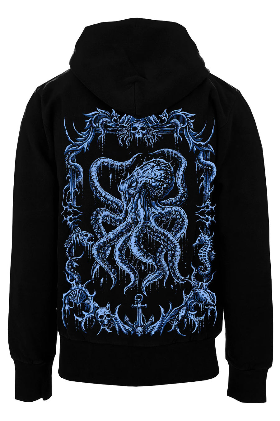 Black hoodie with blue octopus design on the back against a white background