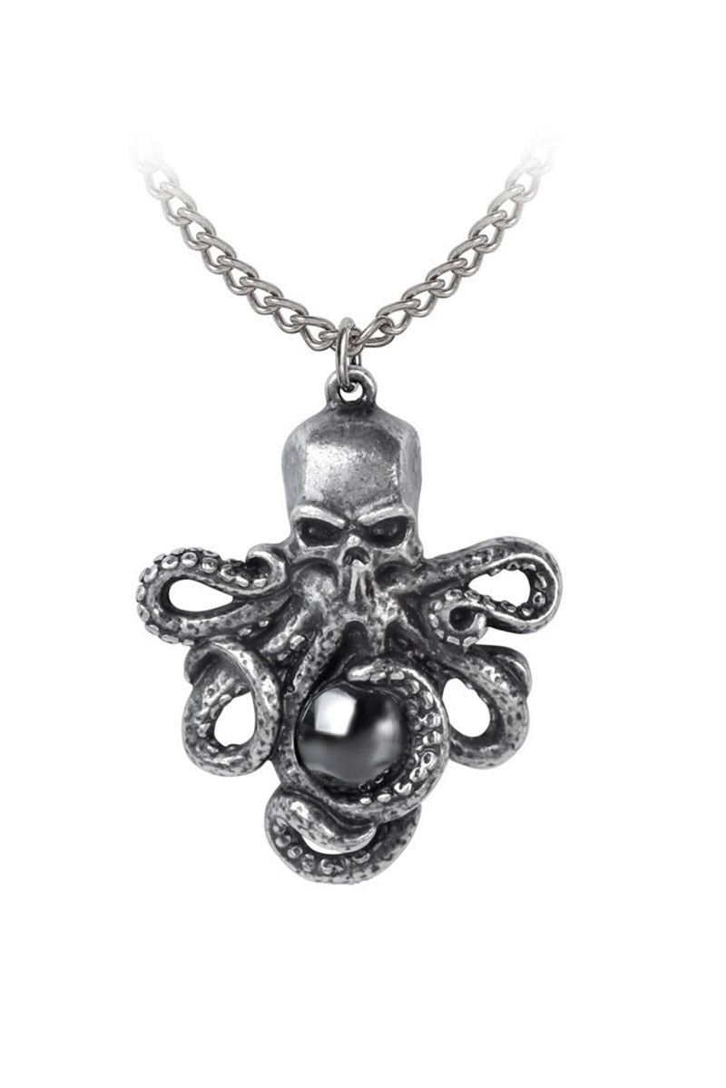 Silver octopus pendant with skull design on a white background