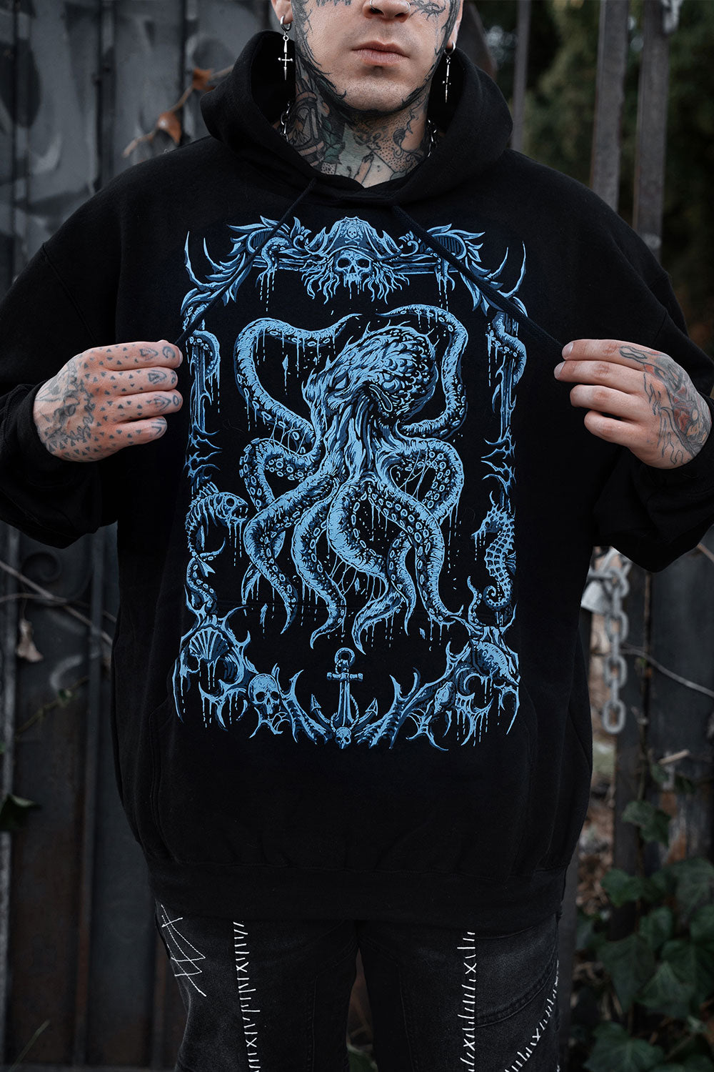 VampireFreaks steampunk kraken hoodie with intricate blue octopus illustration for gothic horror fashion and sea monster enthusiasts