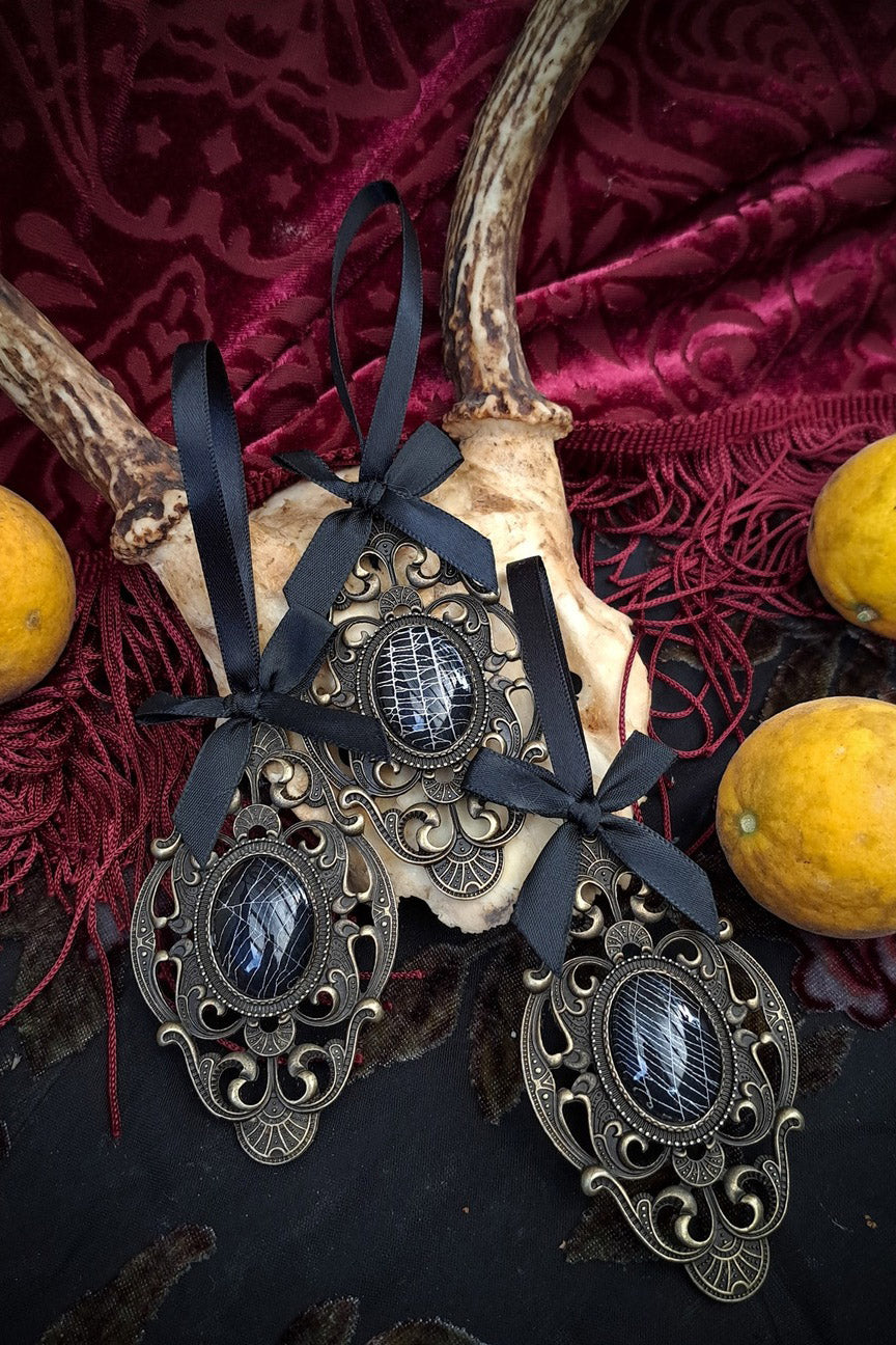 spooky vintage goth christmas tree ornament  with real cobweb 