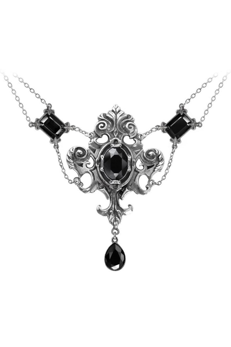Ornate necklace with black gemstones on a white background