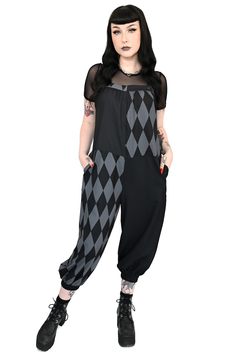 grey and black clowncore overalls