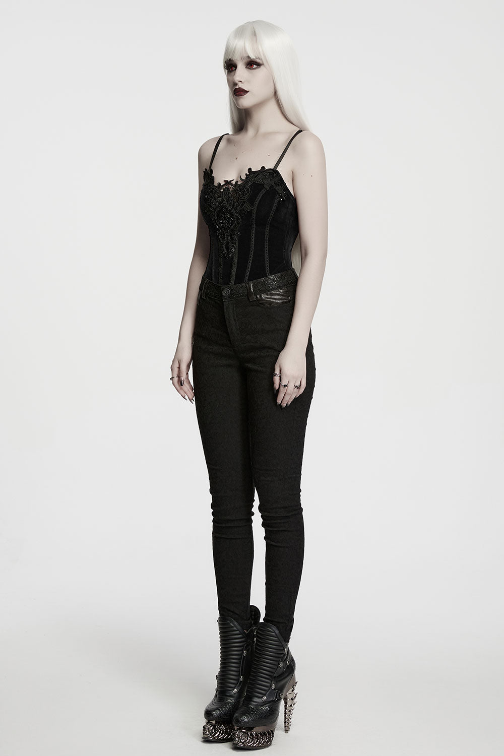 fitted black womens goth jeans with faux leather trim