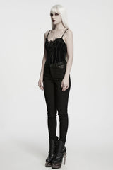 fitted black womens goth jeans with faux leather trim