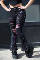 emo goth womens cute fitted black pants with studs and purple bats from VampireFreaks