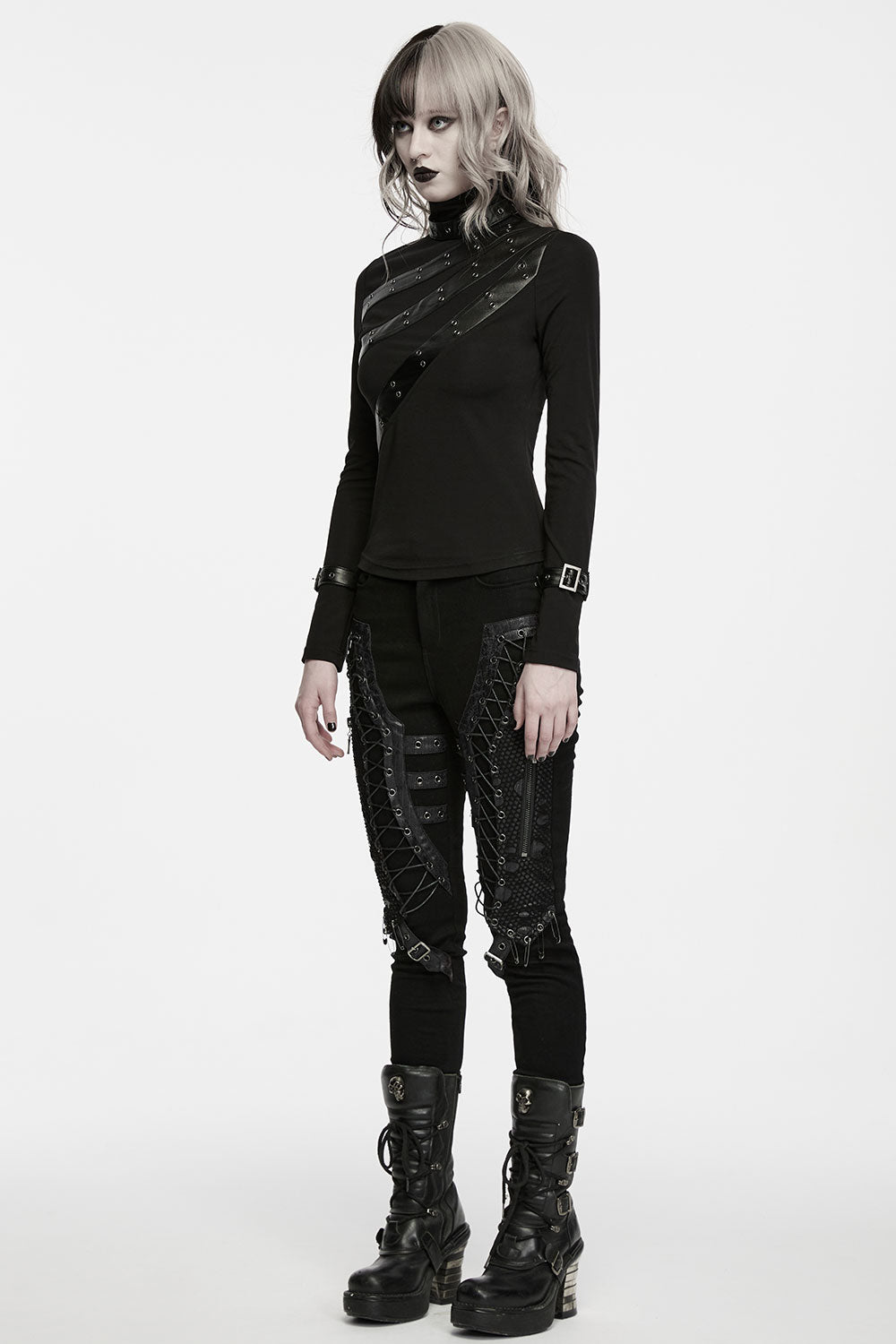 gothic womens pants with Exterior thigh zippers reinforce tough industrial styling
