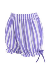 pastel kawaii Purple and white striped bloomer shorts with ruffled edges on a white background