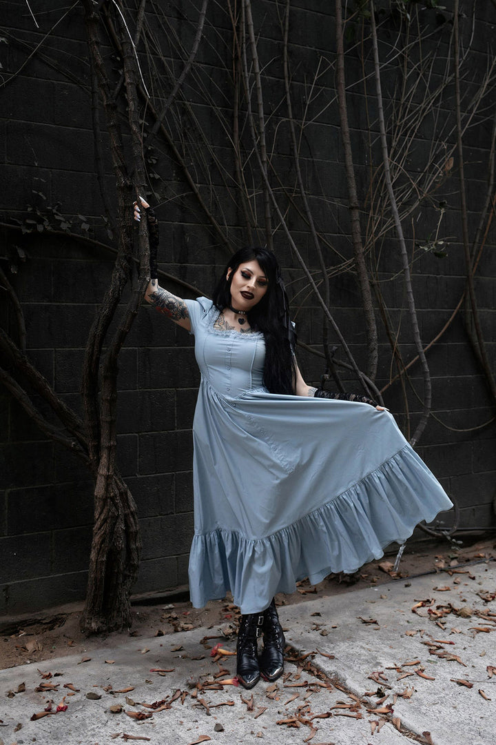 romantic puffed shoulder cottagecore cinderella dress with ruffle hem 