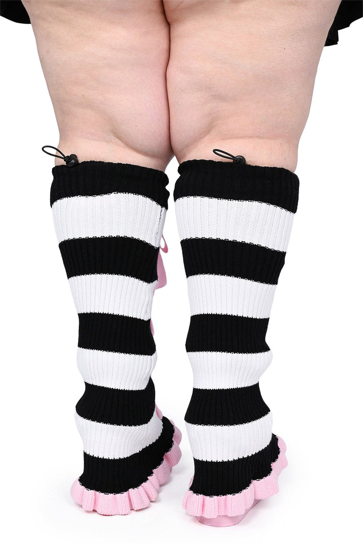 creepy cute pastel goth striped leg warmers with pink bows