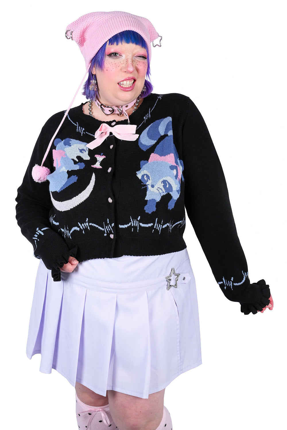 weird quirky pastel goth raccoon, rat, and possum sweater cardigan