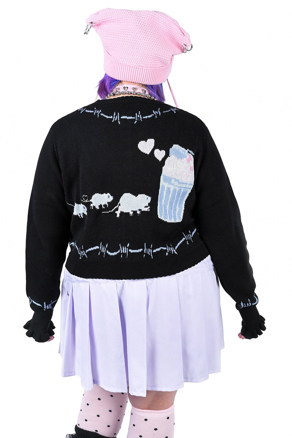 whimsical novelty black pastel goth raccoon, rat, and possum sweater cardigan