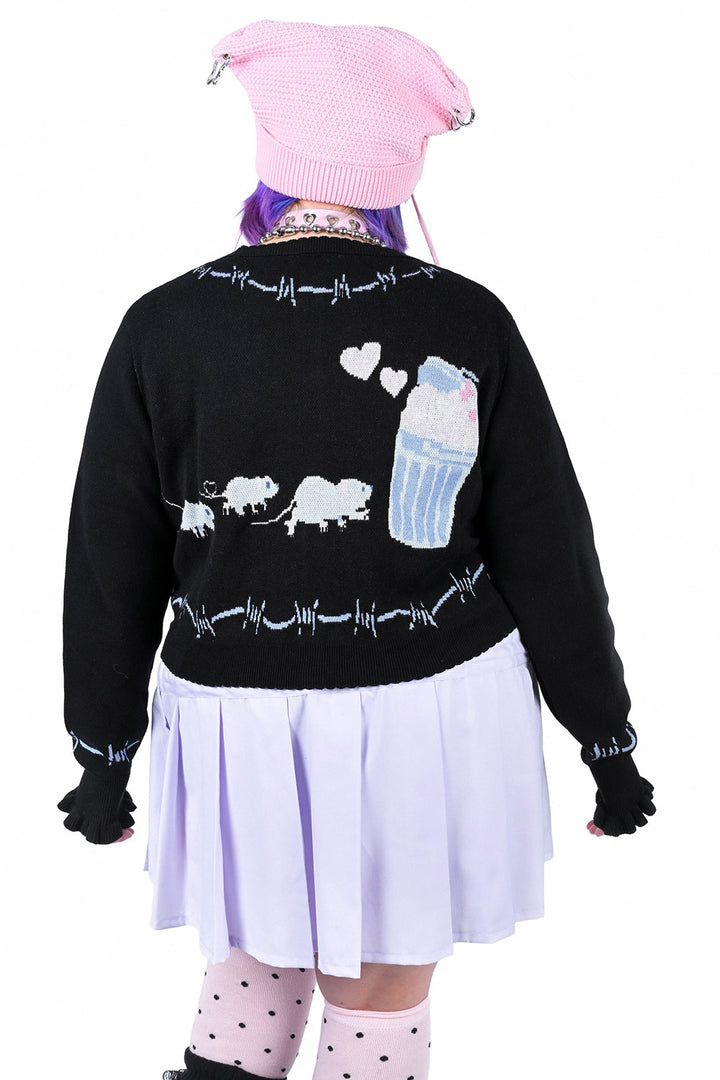 whimsical novelty black pastel goth raccoon, rat, and possum sweater cardigan