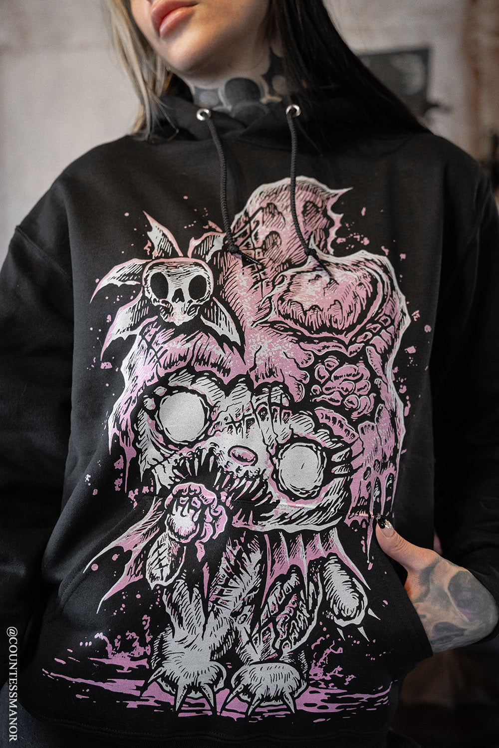 womens pink and white pastel goth pullover hoodie