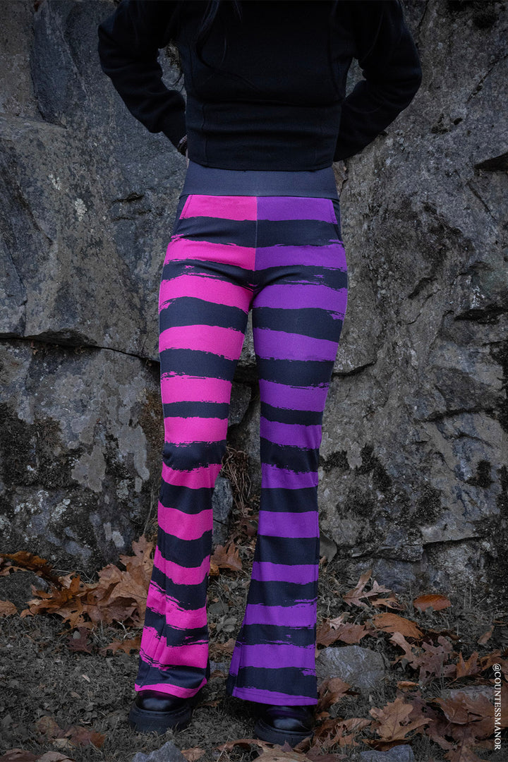 split style half pink and half purple striped flared pants