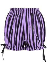 pastel goth Purple and black striped bloomers shorts with tie sides on a white background