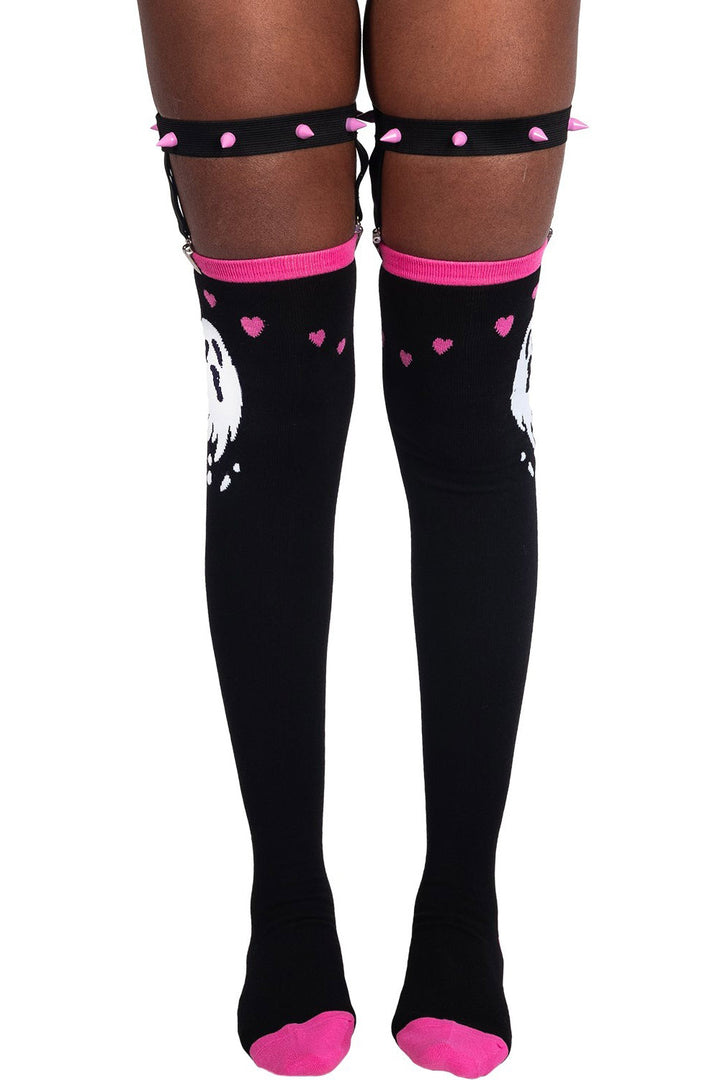 pink and black thigh high socks