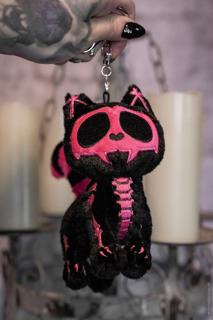 embroidered hot pink and black skeleton kitty cat keychain for adults 